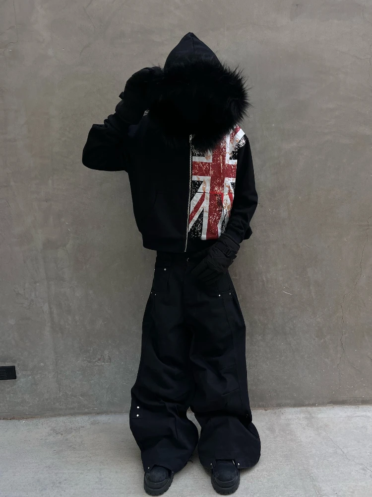 

New hooded cardigan sweatshirt for autumn and winter, black with fur hat, loose hooded sweatshirt, men and women can wear top