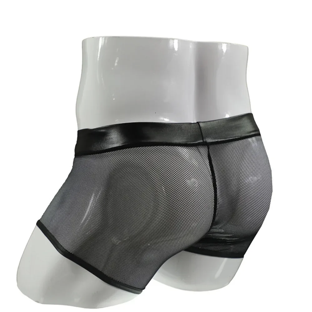 

Fashion Men's Sexy Faux Leather Black Mesh Comfortable Breathable Ultra-Thin Tulle Netting Nightclub Boxer Briefs Underwear