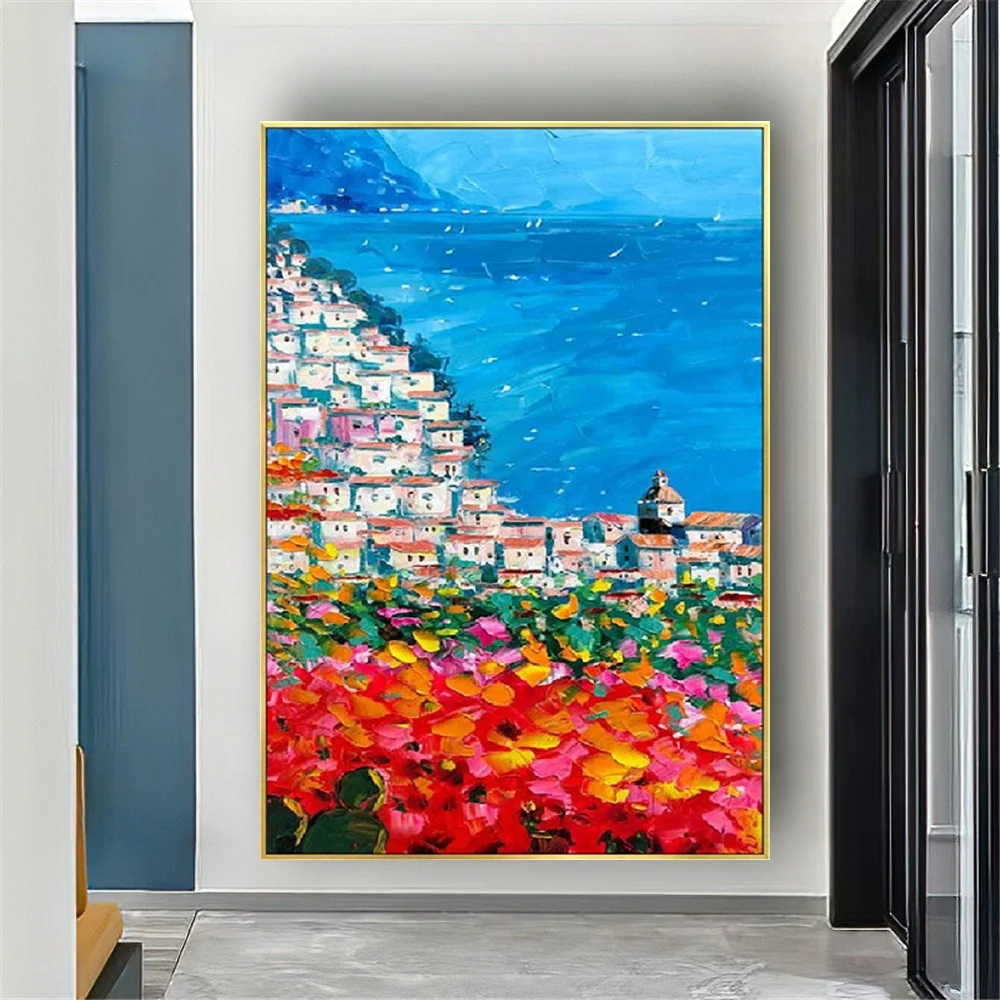 

Hand Painted Mediterranean seascape garden oil painting on Canvas home decor painting caudros wall picture for living room decor