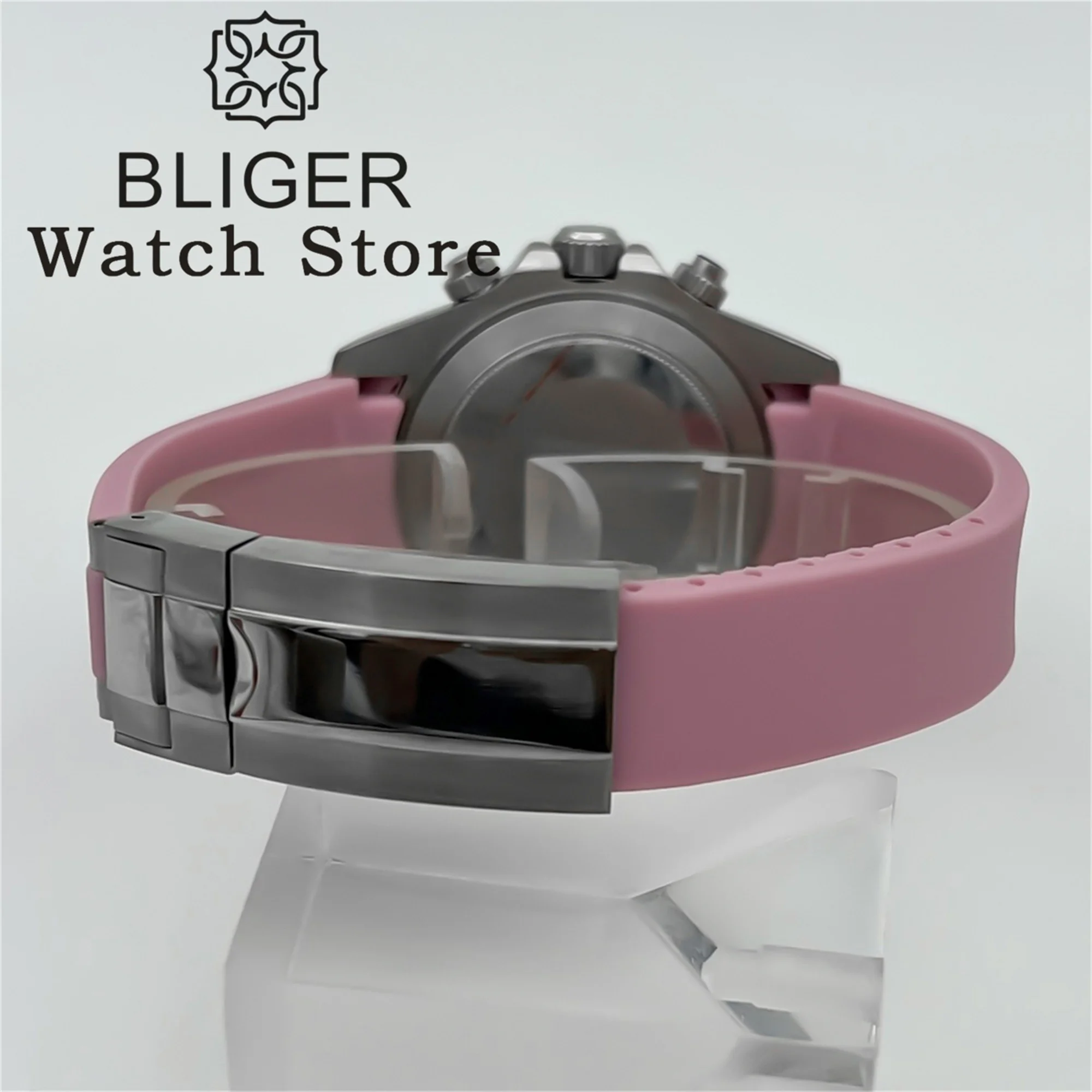 BLIGER 39mm VK64 Quartz Chronograph Watch For Men Black Pink Black Dial 5 Hand 6 O\'clock Date Sapphire Crystal Rubber Strap