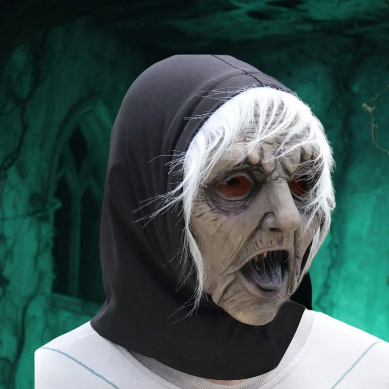 Weißhaarige Hexenmaske, Latex-Damenmaske mit Hijab und Perücke, geeignet für Kostüme zum Spielen als gruselige Hexe, Party-Requisiten. – Detail 3