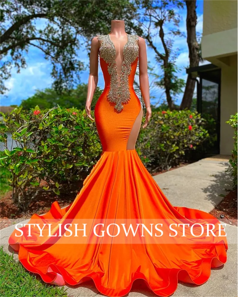 Orange O Neck Long Prom Dress For Black Girls 2025 Beaded Crystal Birthday Party Dresses Rhinestone Evening Gowns Mermaid