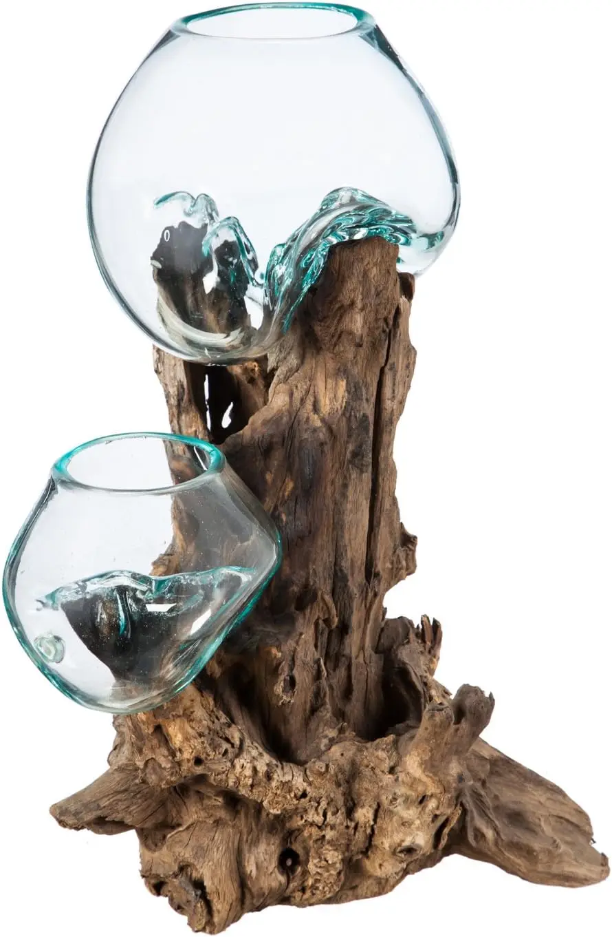 

Hand-Blown Blue Tinted Bubble Glass On Natural Teak Driftwood Terrarium Home Décor Indoor Planter with Stand Pot for Succulent