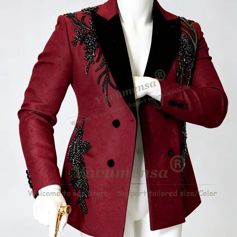 Exclusive Jacquard Men's Tuxedo Suit Black Beading Sequin Appliques Prom Blazer Pants 2 Piece Sets Groom Attire Terno Masculinos