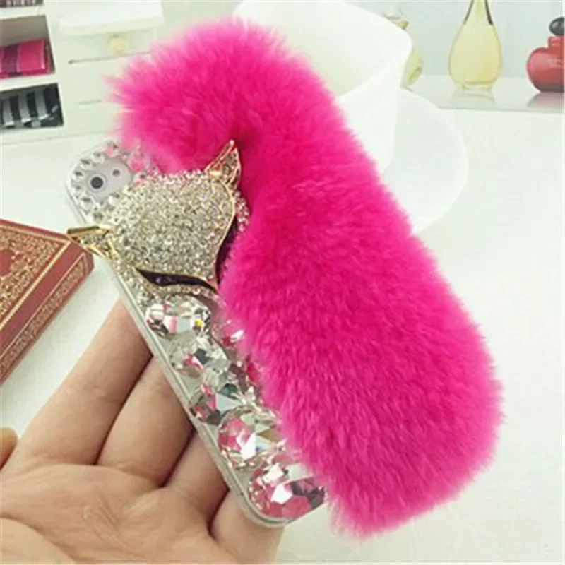 For iphone 15 Plus 14 11 12 13 pro Luxury Rhinestone Diamond Real Rabbit Fur Soft Bling Cover Case For iphone 17 Air 16 PLUS