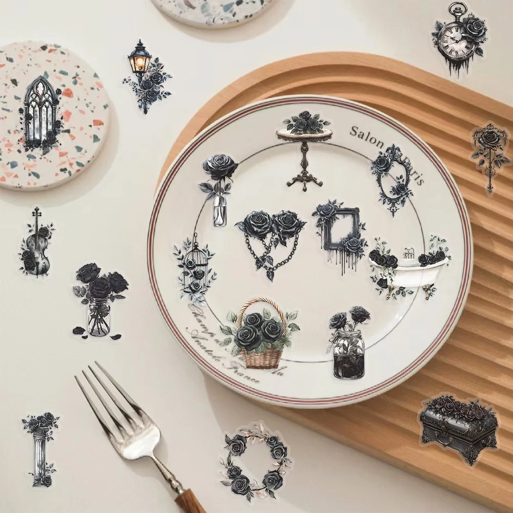 50 Uds. De pegatinas estéticas Retro de rosas, pegatinas transparentes de estilo oscuro, decoración de mesa de comedor DIY, maleta para refrigerador de guitarra