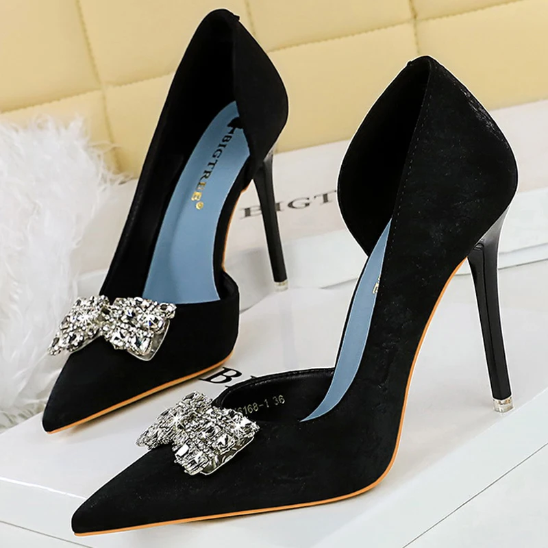 BIGTREE 靴合成皮革女性パンプスラインストーンちょう結びハイヒール 10.5 センチメートルハイヒール高級宴会靴大サイズ 43