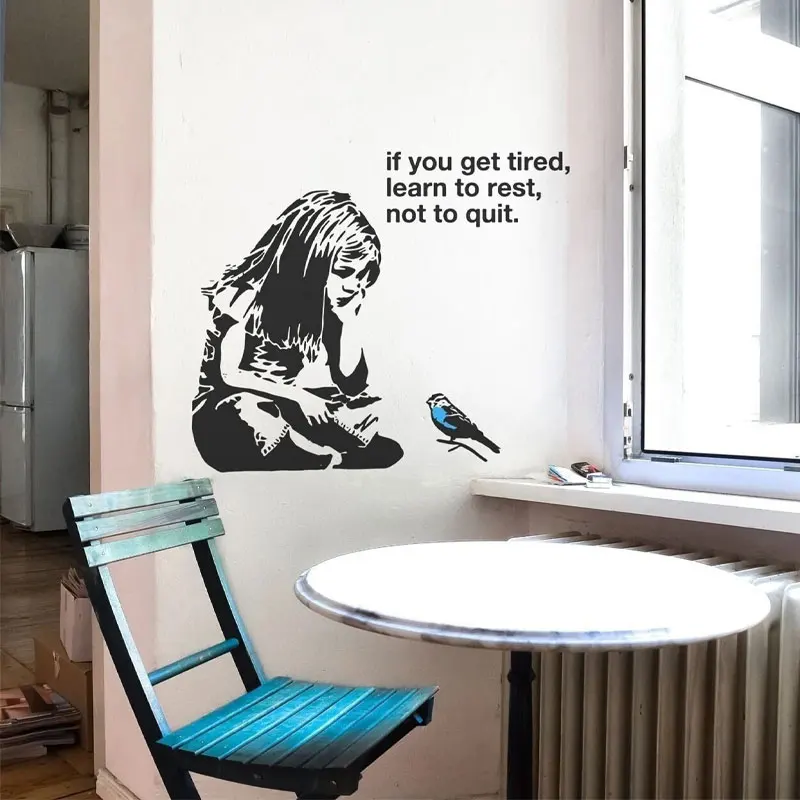 Blue Bird Girl Banksy Wall Decal Vinyl Home Decor Room, Motivation Saying Graffiti Street Art Sticker Removable Murals Q127