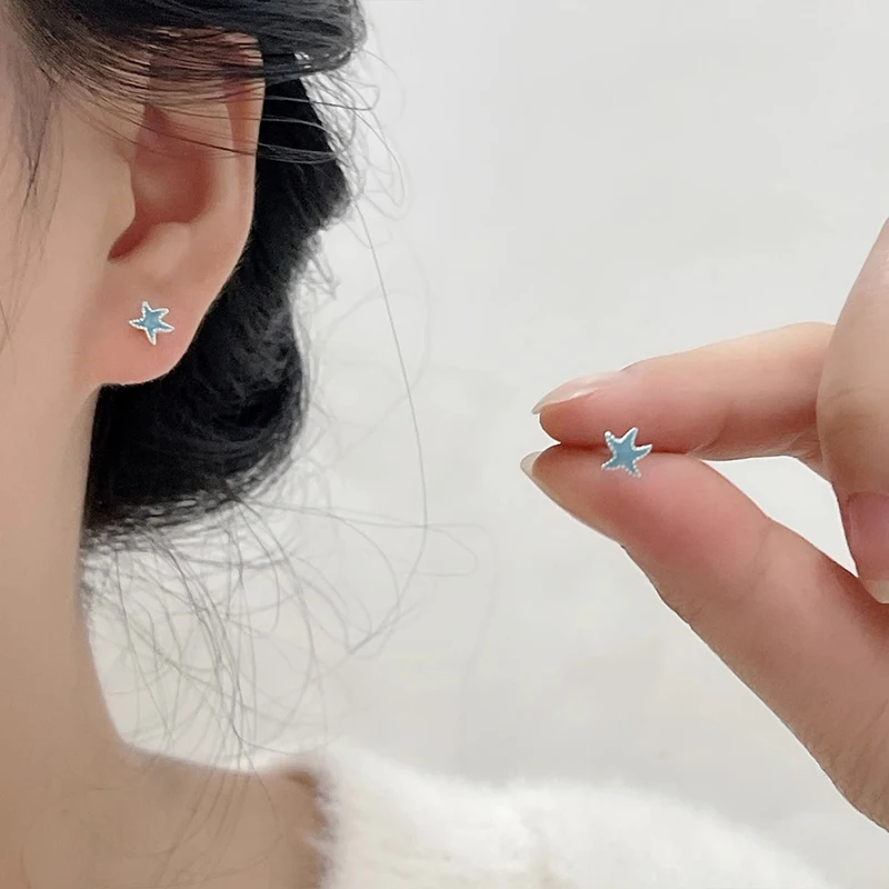 

Real 925 Sterling Silver Mini Blue Starfish Stud Earring for Women Minimalist Cute Fine Jewelry Animal Accessories in Summer