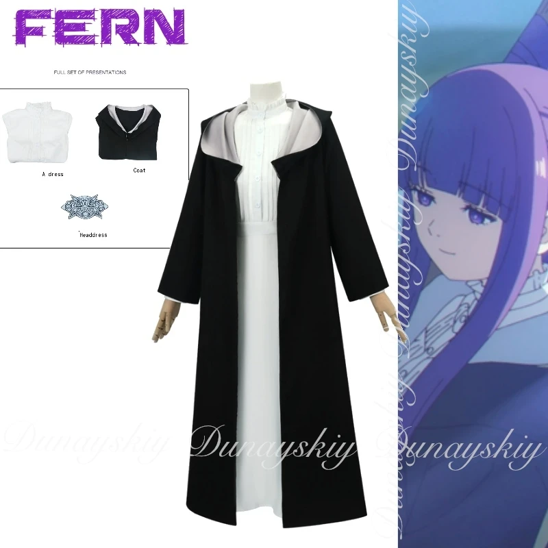 Frieren: Beyond Journey 's End Fern Cosplay Magicians Make Elves With Black Coat And White Dress Cosplay Costume Anime Full Suit
