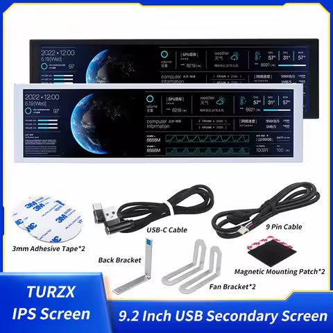 TURZX 9.2 Inch USB Secondary Screen 1920*462 IPS Smart Screen LCD CPU RAM HDD Weather Monitor Display No AIDA64