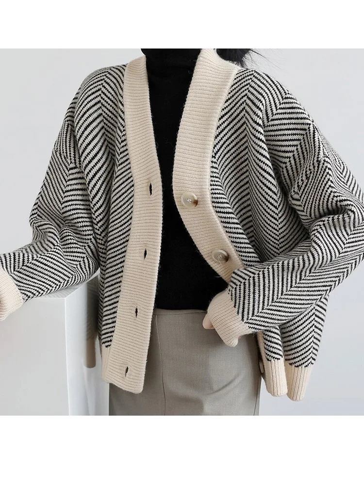 Nuevo Suéter informal holgado a rayas para mujer, chaqueta holgada informal de punto de manga larga con cuello en V a la moda para oficina