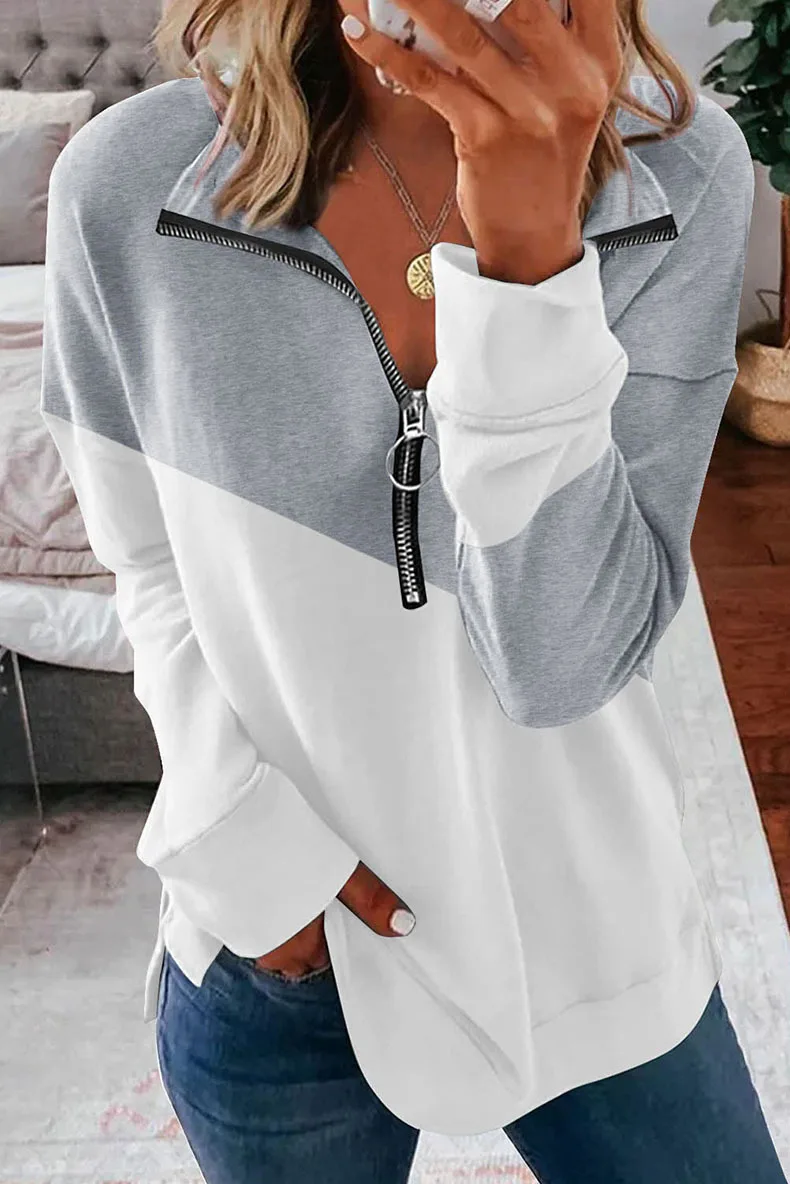 Spring Autumn Women\'s Sweatshirt Contrast Color Casual Long Sleeved Top Female Zipper Stand Up Collar Pullovers Women\'s Clothing