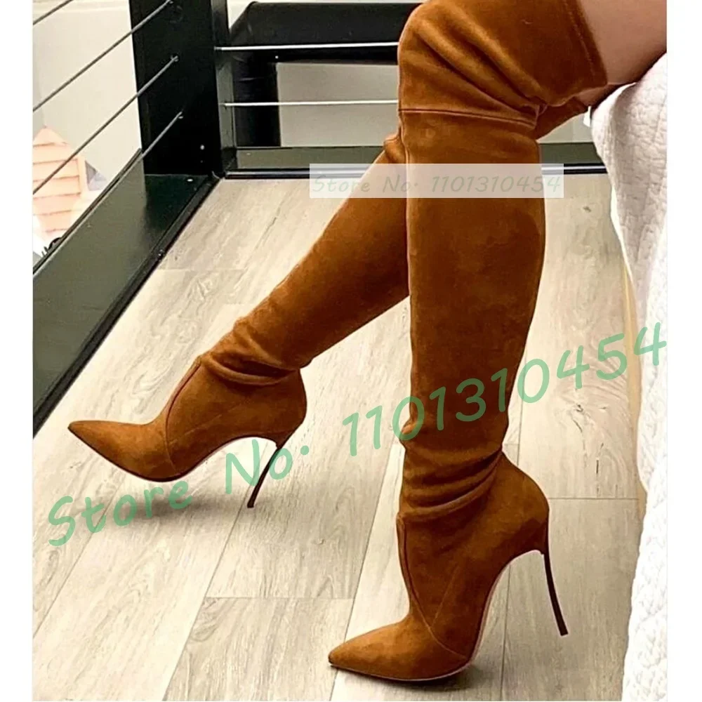 Metal Heel High Heels Long Boots Women Pointed Toe Sexy High Class Thigh High Shoes Ladies Leather Splicing Suede Patent Boots