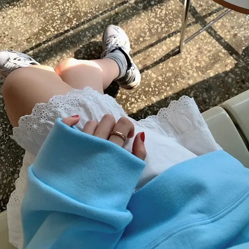 

Dongda Gate Sweet Sle Lace Trim A-Line Skirt Versatile Youthful ort Skirt Casual High Waist Cotton Blend Skirt