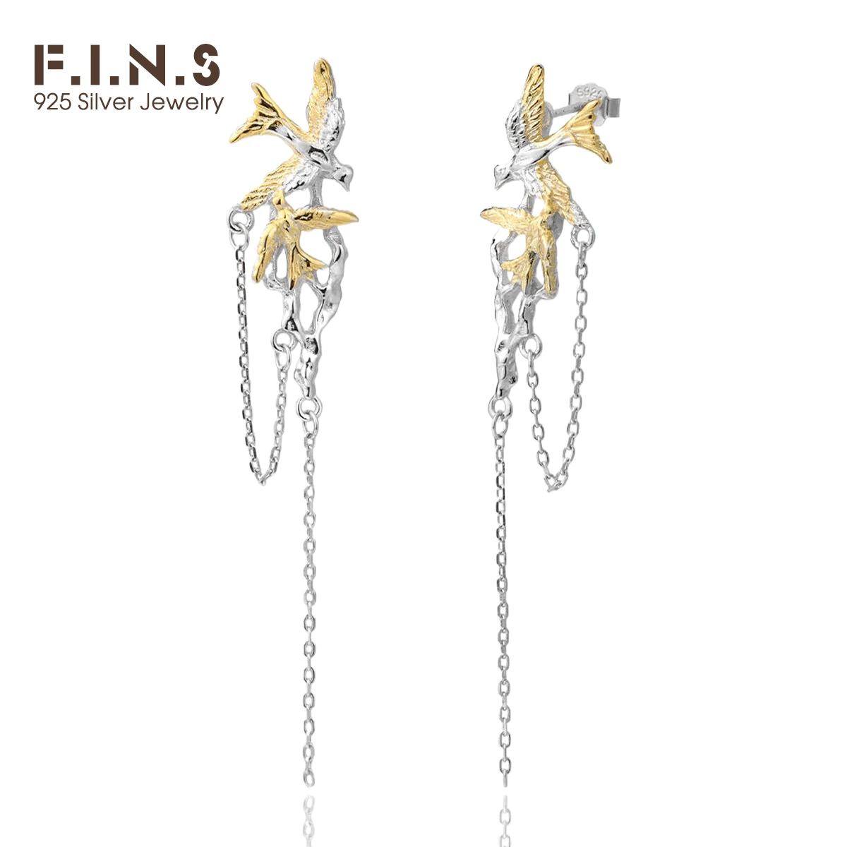 

F.I.N.S Double Color S925 sterling silver Fringed Stud Earrings Flying Bird Tassel Long Dangling Pierced Ear Fine Jewelry Gifts