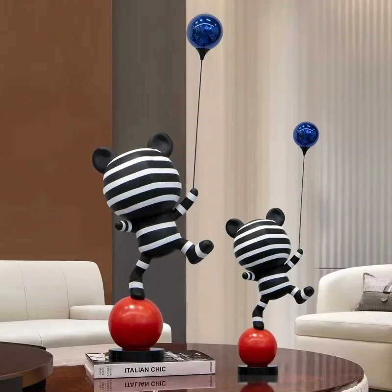 

Contemporary Striped Balloon Bear Statue Cute Room Decor Cartoon Figurine for Living Area Resin Craft Original Presents