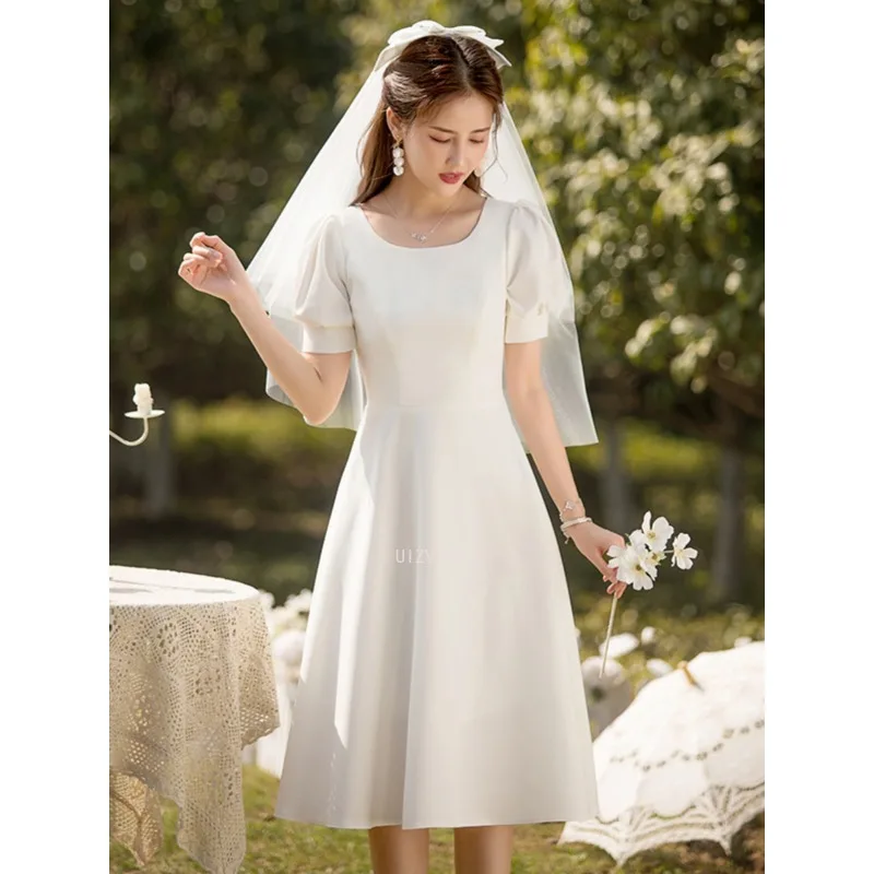 Light Luxury Satin Midi Wedding Dresses Temperament Dress Women's Summer White Photos Shoot Dress Simple Bridal Gown Customized