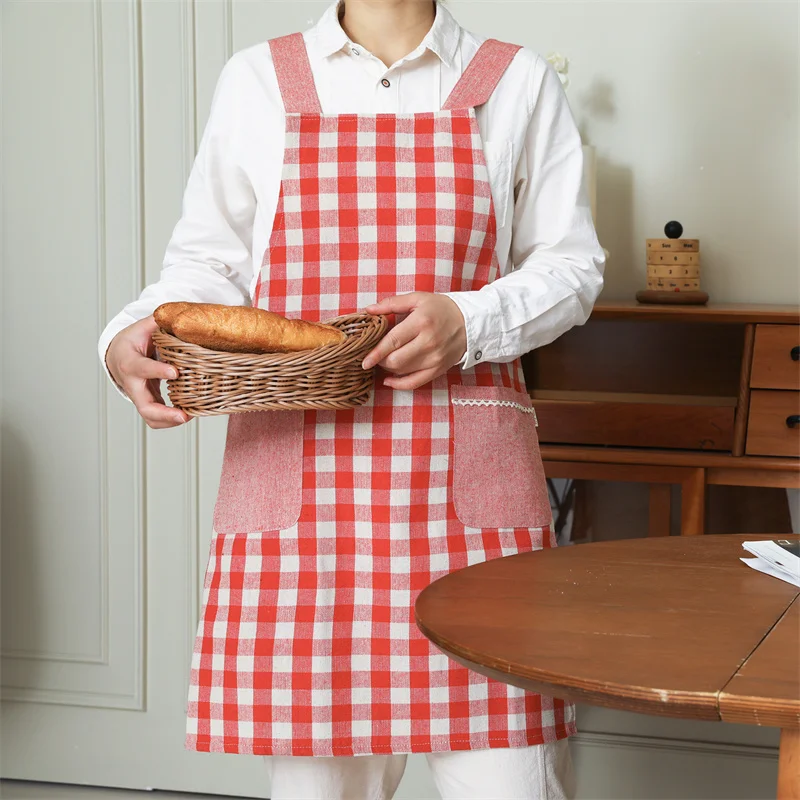 

Japanese Korean Style Cotton Plaid Kitchen Apron with Pockets for Women and Men Dustproof Pinafore for Cooking Gardening Baking