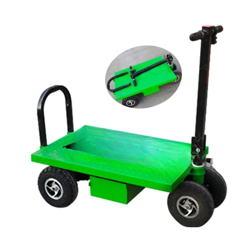 Hand push station driving four-wheel electric flat plate upside down pulling goods and handling construction site tools