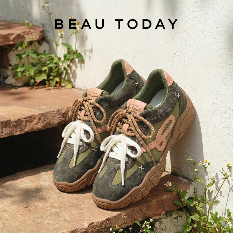 BEAUTODAY Casual Sneaker Cow Suede Leather Mixed Color Round Toe Dual-Colored Shoelaces Vulcanize Shoes Handmade 29999