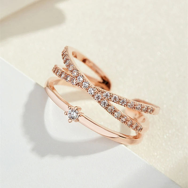 Foxanry Sparkling Zircon Lines Crossed Rings For Women Girls Simple New Fashion Temperament Exquisite Wedding Bride Jewelry Gift