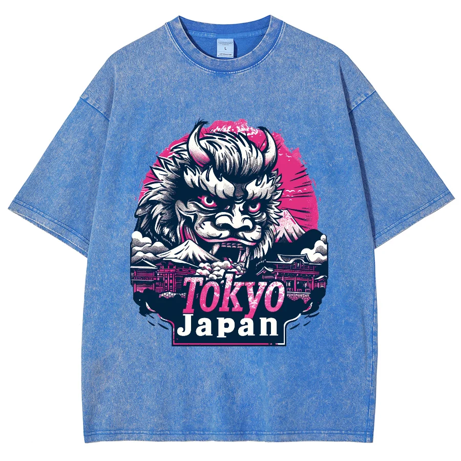 Camiseta lavada solta feminina, estampa japonesa de leão, extragrande, algodão, confortável, manga curta, retrô, chinesa, angustiada, top de hip-hop