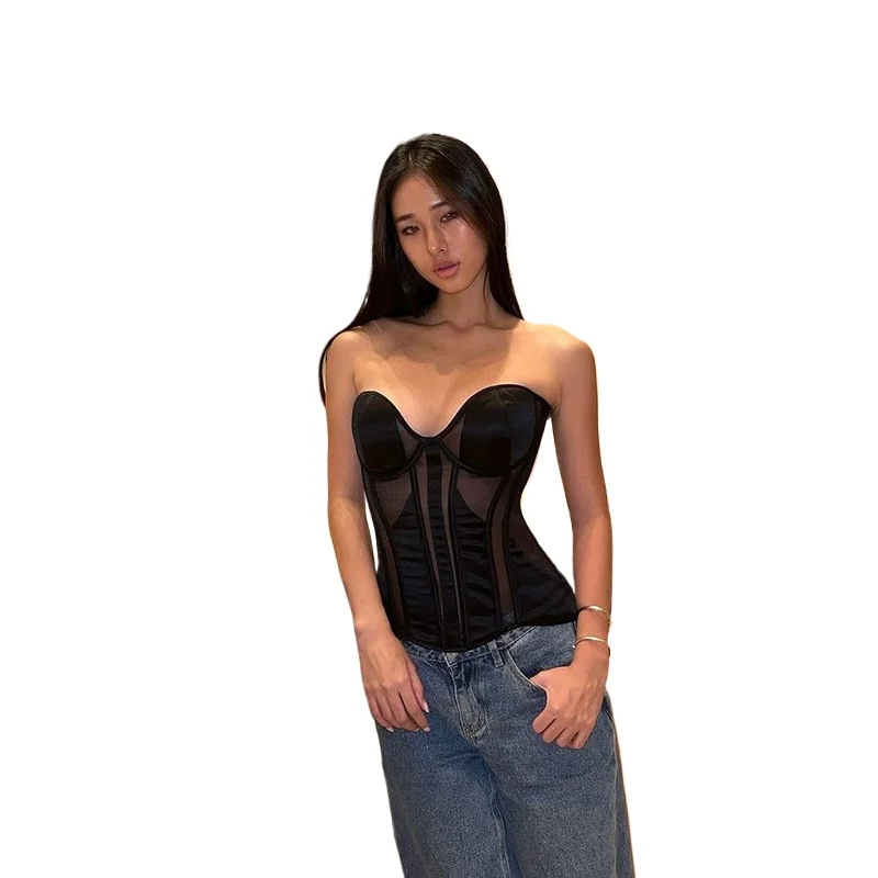 

Women Sexy Black Corset Breathable Mesh Bra Corsets Gothic Slim Streetwear See Through Overbust Bustier Evening Party Tops