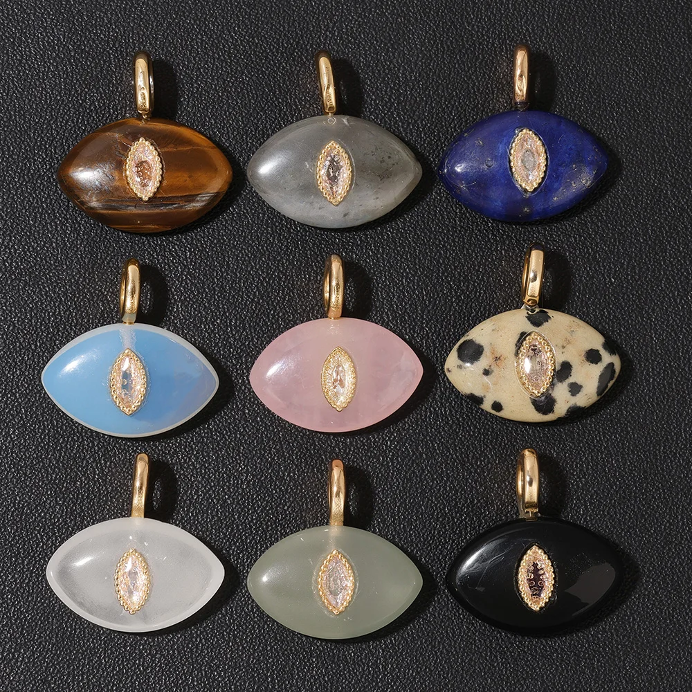 1PC Natural Stone Evil Eye Charm 13x20mm Polished Rose Quartz Tiger Eye Pendant Inlaid CZ for DIY Jewelry Making Lucky Amulet image 2