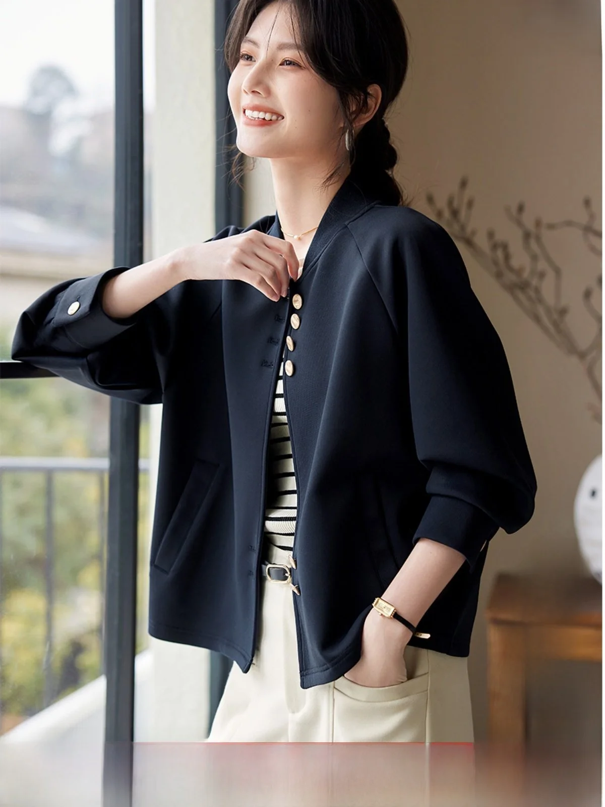 

XWI oulder Sve Baseball Jaet Women's Casual Simple Sle ort Coat Spring Autumn Season Commute Faion Ladies' Top