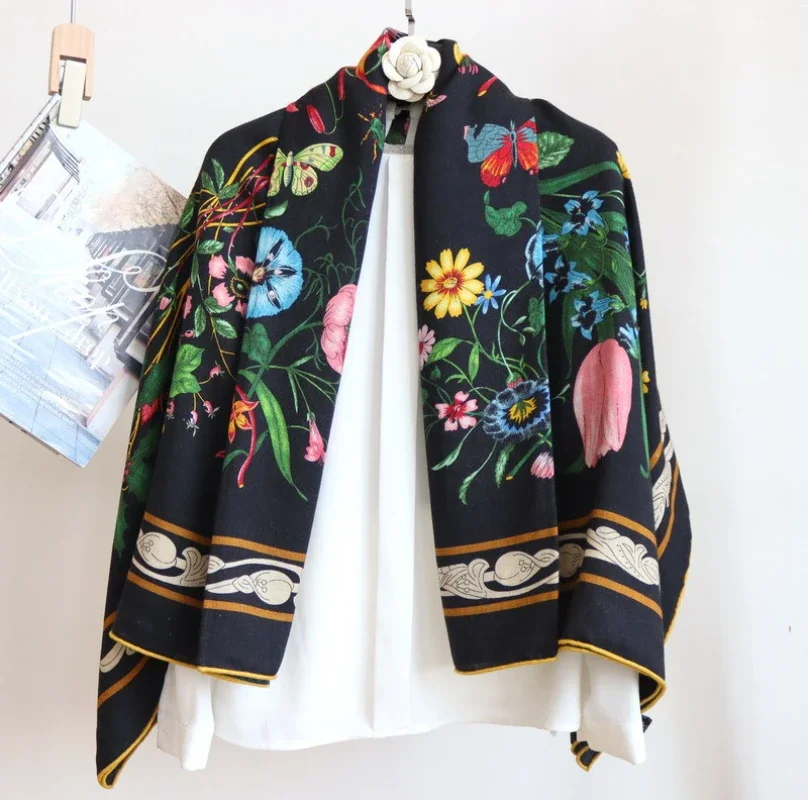 High-end Elegant Women\'s Exquisite Flowers Garden Double-sided Print Quality Silk Wool Hand-rolled Edge Large Square Scarf Shawl