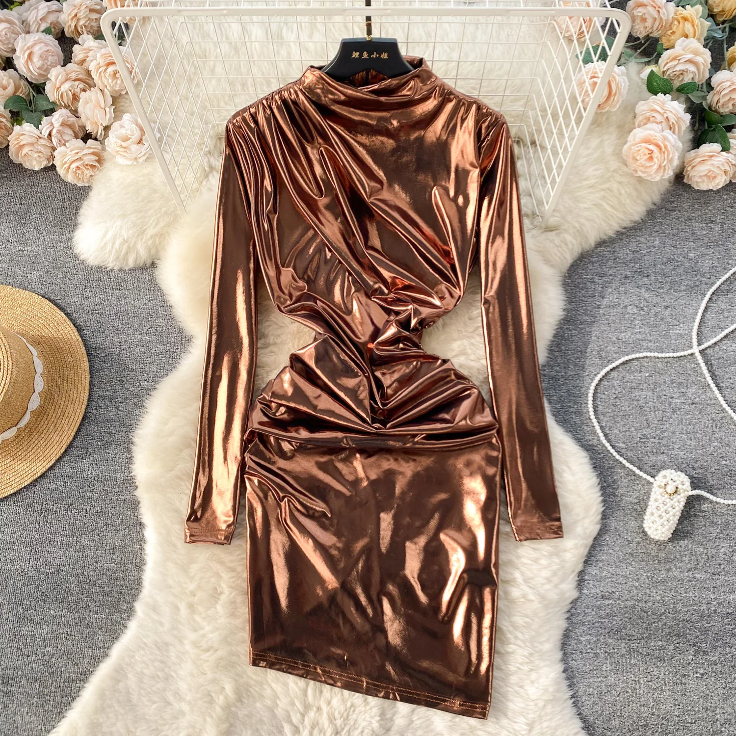 

Foamlina Women Solid Metallic Shinny Bodycon Dress New Spring Autumn Stand Collar Long Sleeve Folded Slim Irregular Party Dress