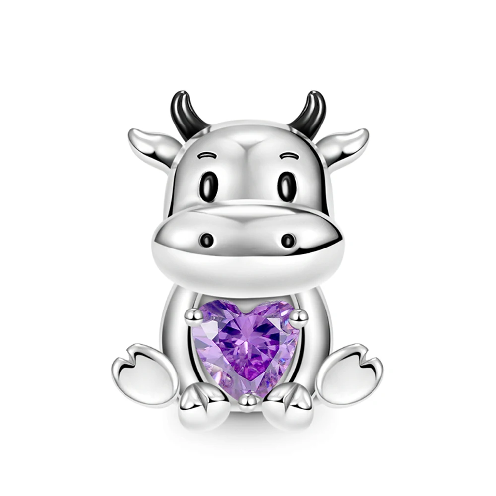 

Lovely Cow Embraces Purple Heart Charm Bead Fit Pandora Classic Bracelet DIY Women Jewelry Gift