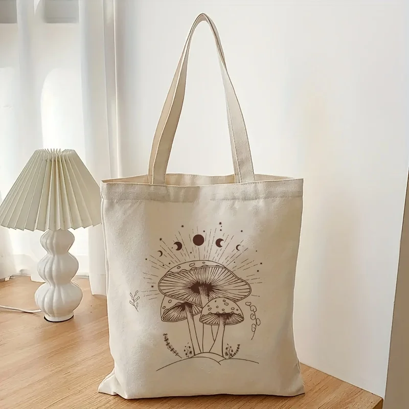 Mushroom Spiritual Moon Pattern Tote Bag, Canvas Trendy Folding Shoulder Bag For Daily Commuting, Women\'s Shopping Bag