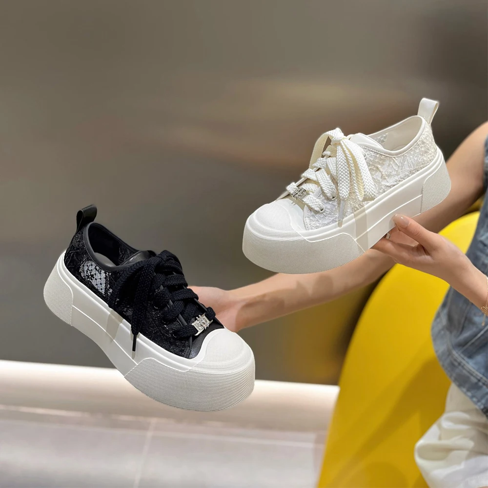 

Women Platform Flat Shoes Ladies Chunky Sneakers Fashion Lace Hollow Shoes White Black Genuine Leather Female Shoes for Summer