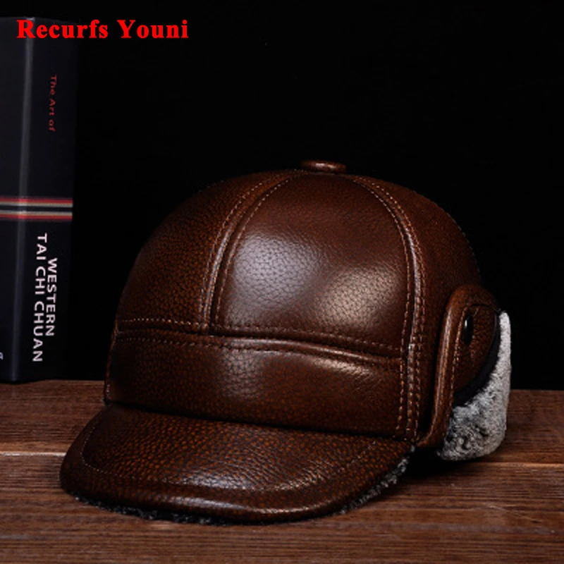 

RY127 Branded Man's Winter Genuine Leather Bomber Hat Male Ear Protecrion Faux Fur Black/Brown Casquette Trucker Baseball Caps