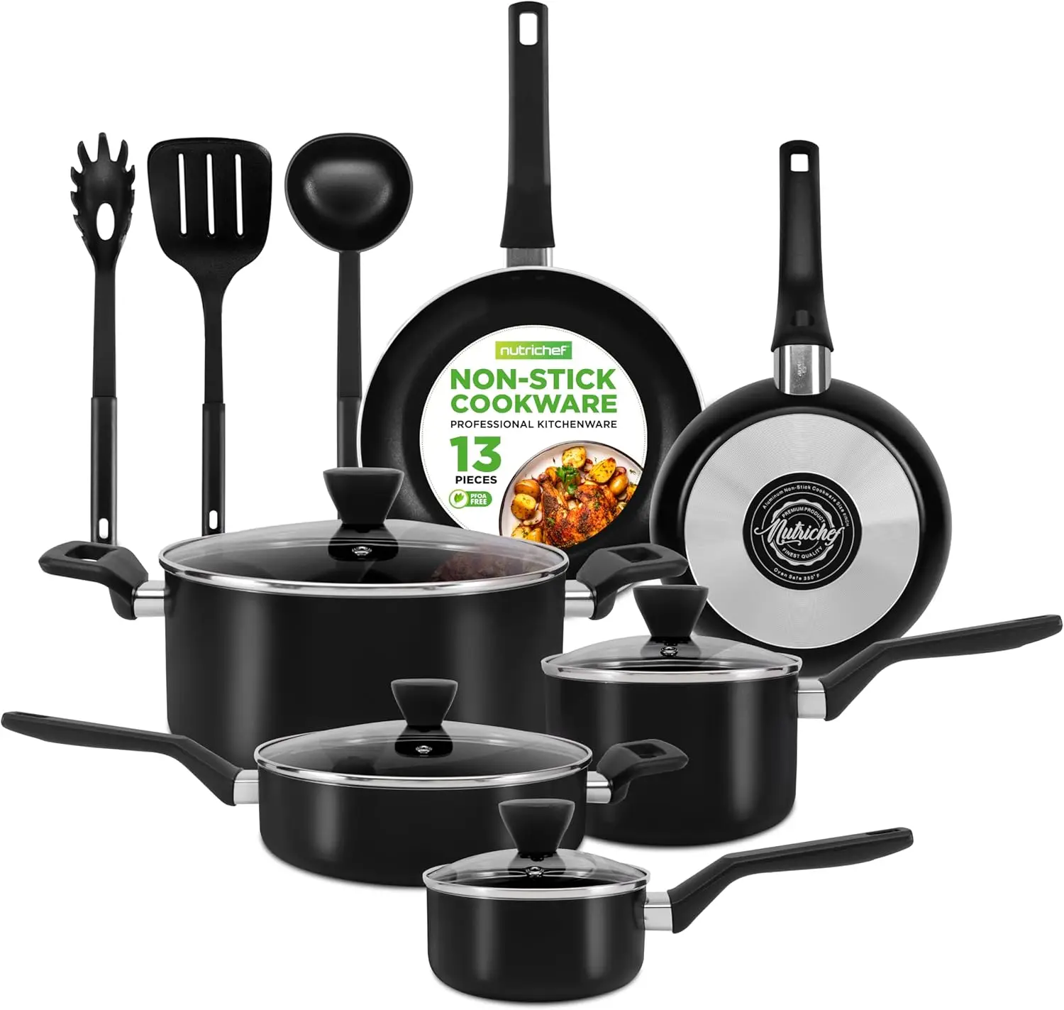 

13-Piece Nonstick Cookware Set w/ Pans, Pots, Lids, Ladle, Strainer - Black