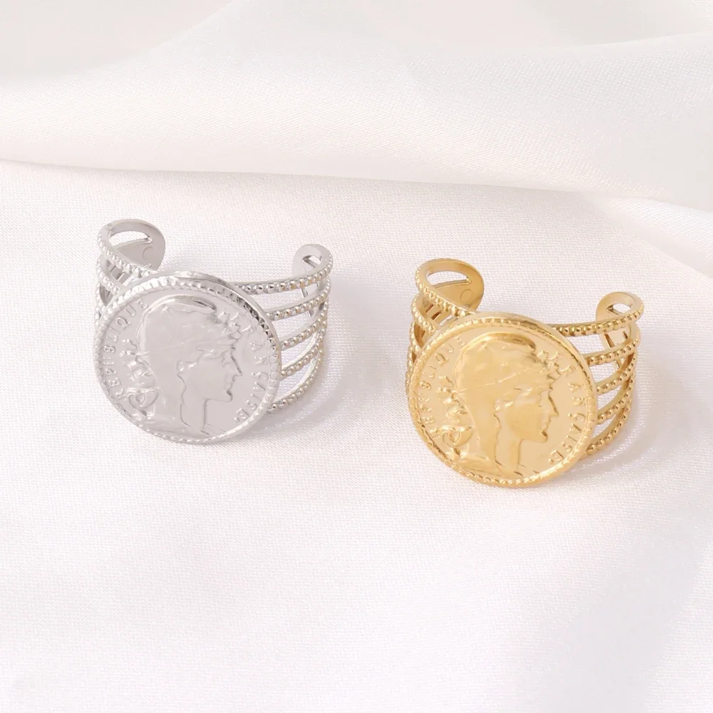 316L Stainless Steel Roman Caesar Head Rings For Women Men Vintage Open Wide Portrait Coin Ring Femme Male Daily Jewelry Gifts