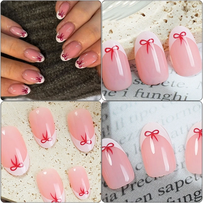 Pack of 24 Short Almond Artificial Glossy Bows Designs French Tip Accesories Manicure for Any Occasion