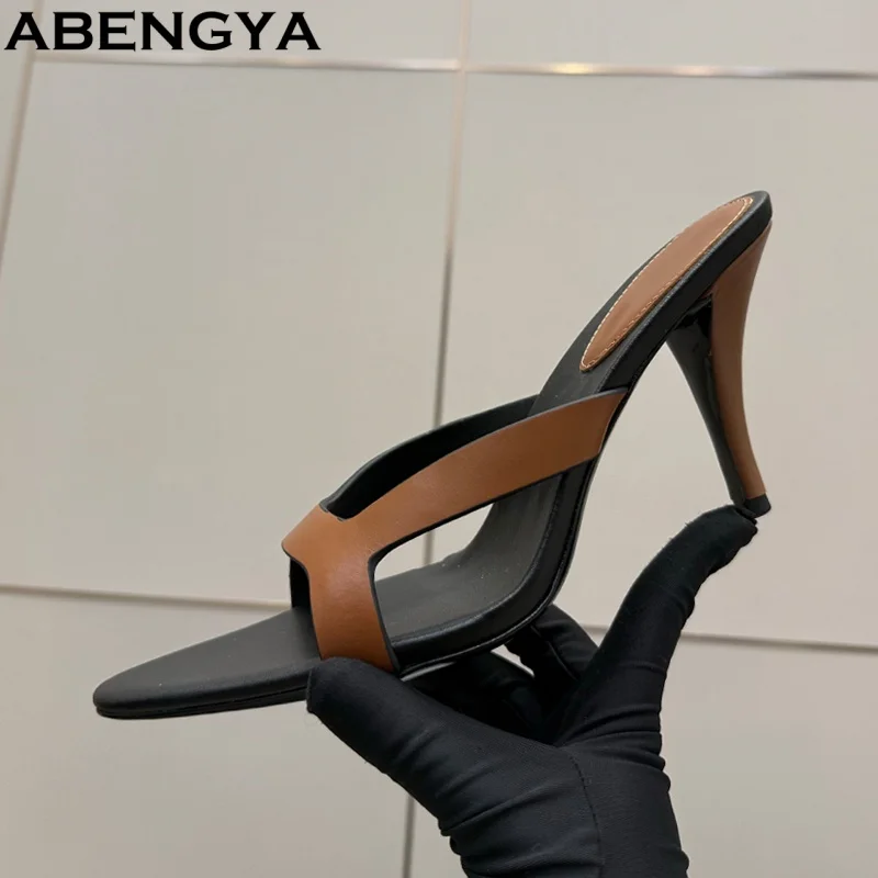 Sexy Thin Heels Women's Slippers Point Toe Leather Slides High Heels Party Shoes For Women Narrow Band Modern Sandals Women