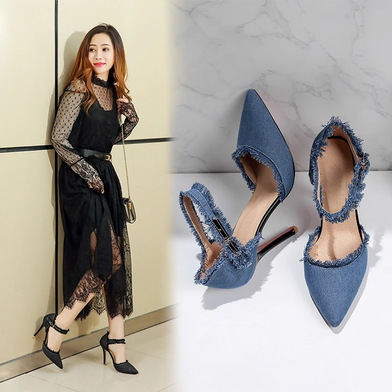 European and American denim blue pointed toe thin super high heel strap women\'s flats new stiletto shallow mouth hollow high heels women\'s fashion