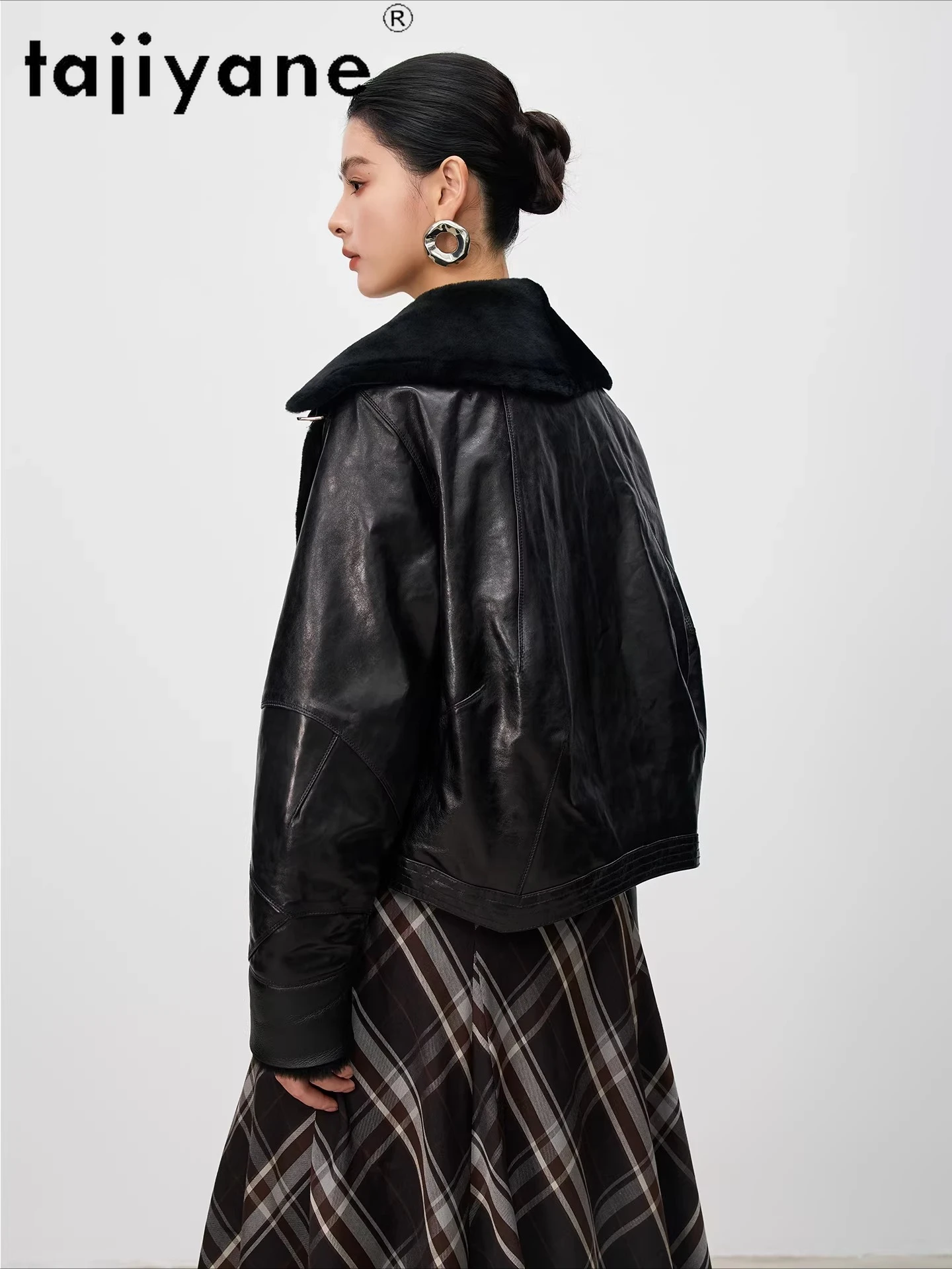 TAJIYANE シープスキン グースダウンコート ショート バイク用 本革ジャケット ウールカラー パファージャケット 2025 冬服 дубленка