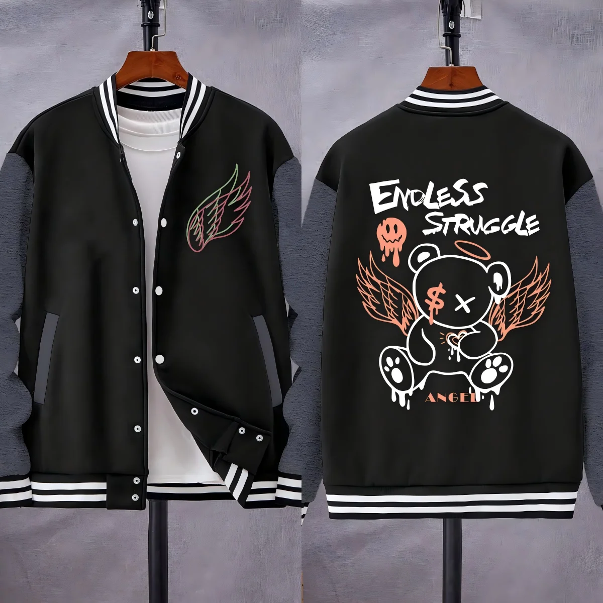 

Бесконечная мужская куртка с принтом ангельского медведя, универсальная флисовая бейсбольная форма, винтажная повседневная одежда, осеннее свободное мужское пальто