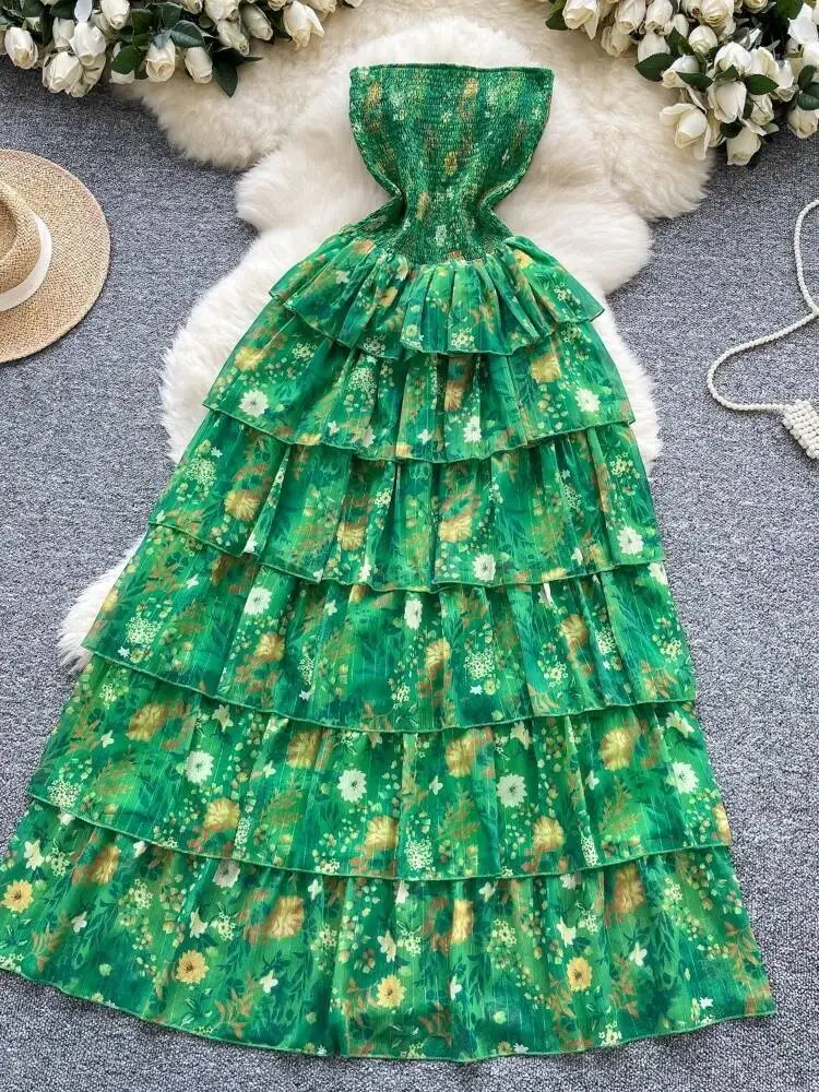 Verão elegante estilo praia vestido verde feminino elegante impresso fora do ombro sem alças vestidos longos senhoras babados camada longo robe