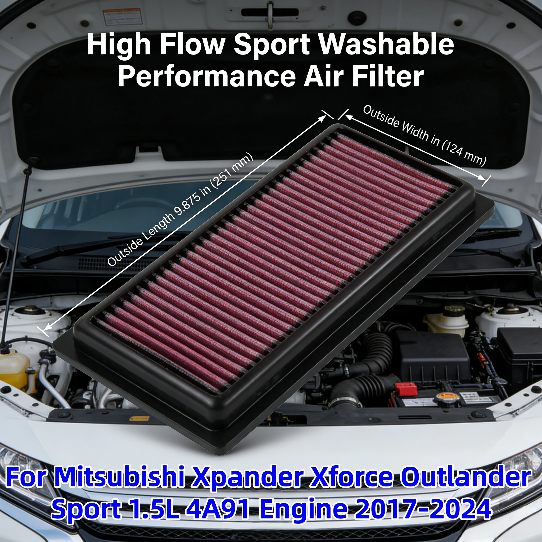 

For Mitsubishi Xpander Xforce Outlander Sport 1.5L 4A91 Engine 2017-2024 High Flow Sport Washable Performance Air Filter 33-3016