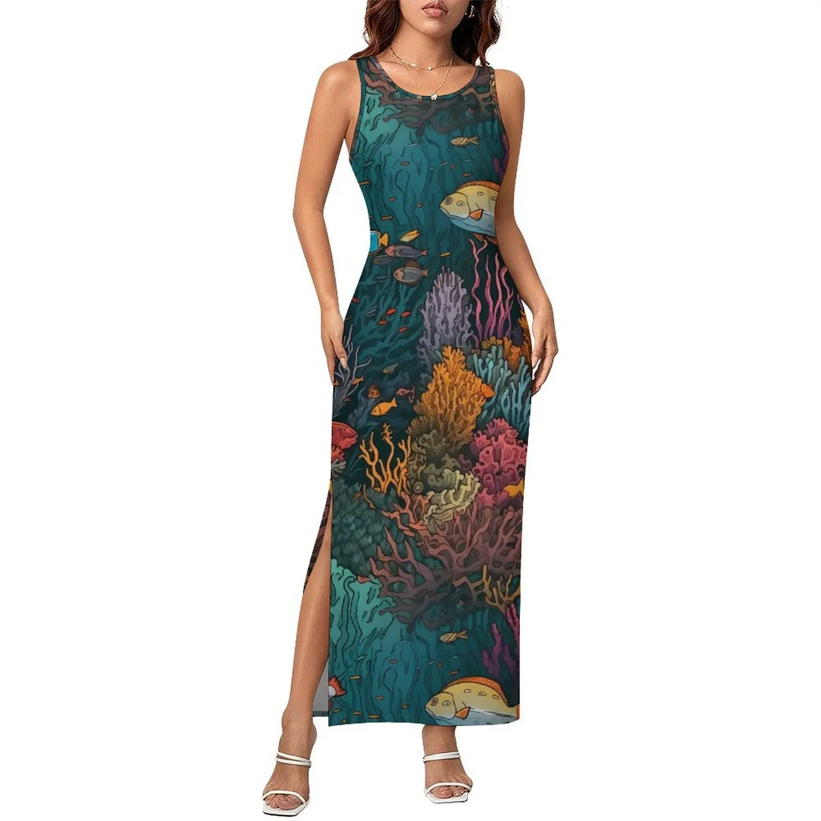 Tropical Marine Dress Sleeveless Coral Reef Print Vintage Maxi Dresses Summer Street Fashion Pattern Bodycon Dress Big Size 4XL