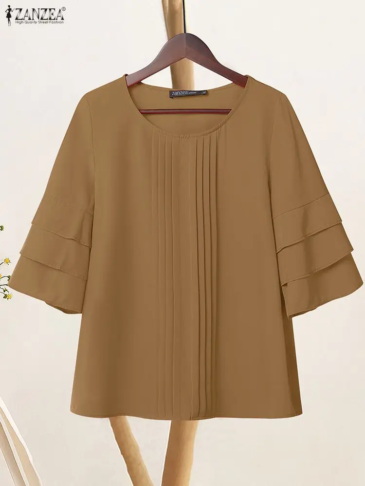 

ZANZEA Women's Layered Ruffle 3/4 Sleeves Blouses Daily Casual O-Neck Pintuck Solid Color Blouse 2025 Autumn Woman Clothes S-3XL