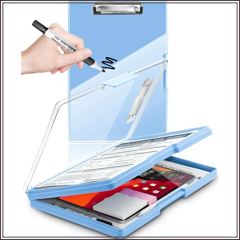 

Heavy Duty Clipboard with Storage, Dry Erase Surface, Pen Holder, Side Opening, Aqua Blue