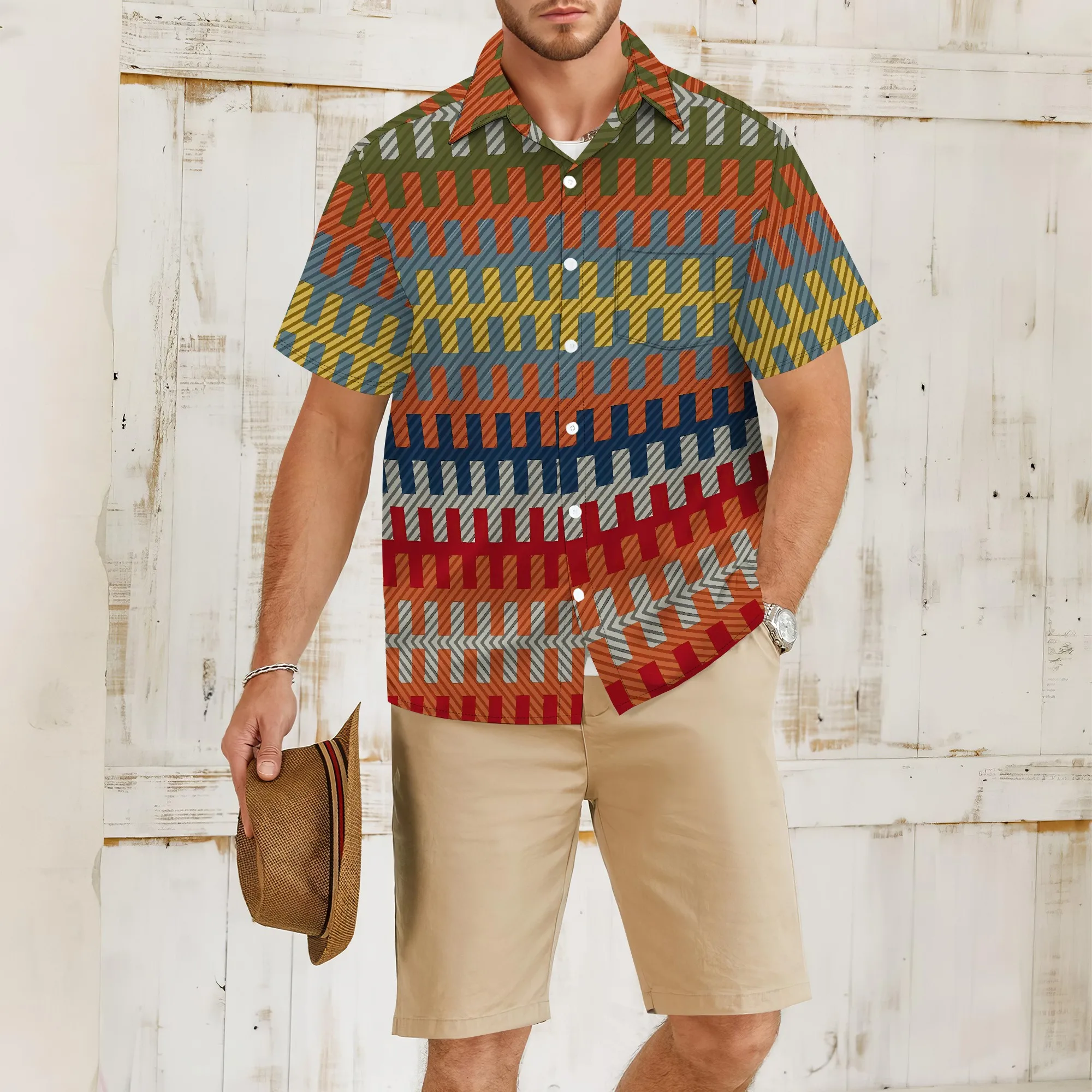 

YEAE Colorful Weave Pattern Print Shirt for Men Summer Casual Short Sleeve Top