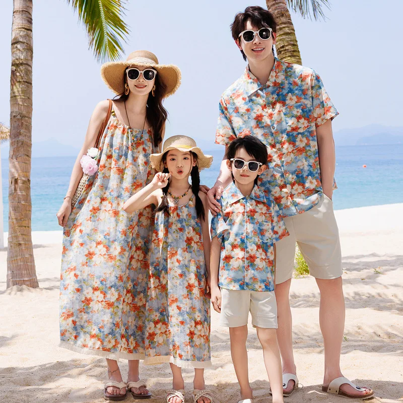 Vacation Family Matching Outfit Beach Holiday Mom Daughter Strap Dress Floral Print Dad Son Shirt Shorts Sets Couple Clothing